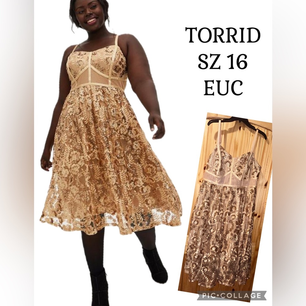 Gold Mesh Embroidery & Sequin Midi Dress Sz 16 EUC